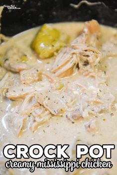 the crock pot creamy mississippi chicken soup is ready to be eaten