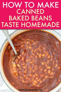 Easily elevate canned baked beans with this easy recipe! Use canned baked beans and pantry staples like bacon to make canned baked beans taste homemade. It is a great side dish to any meal but can be served as a main dish too. Serve this crowdpleaser for BBQS, potlucks, summer cookouts and meal prep, 4th of July Parties, Memorial Day, Game Day parties, Thanksgiving and Christmas! #homemadebakedbeans #cannedbakedbeans  #bakedbeans #beans #sidedish Doctored Baked Beans, Homemade Baked Beans Recipe, Baked Beans From Scratch, Beans From Scratch, Canned Baked Beans, Baked Beans With Bacon, Homemade Baked Beans, Mom Kitchen