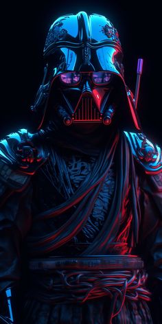 a darth vader character in blue and red light up clothes, holding a toothbrush