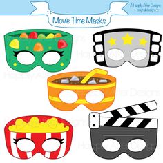 four masks with different colors and designs on them, one has a movie clapper