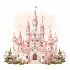 a drawing of a castle with pink turrets