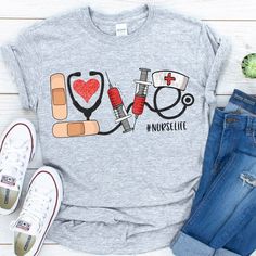 a grey shirt with the words love and nurse's stethoscope on it