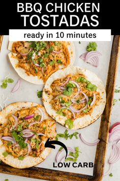 tostada topped with cilantro and red onion on a parchment lined tray with sliced red onion around Keto Bbq Chicken, Bbq Chicken Tostadas, Pulled Pork Pizza, Keto Bbq, Chicken Cook, Tostada Recipes, Oven Air Fryer, Chicken Tostadas, Tangy Bbq Sauce