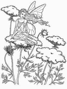 a black and white drawing of a flower with a fairy on it