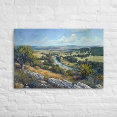 a painting hanging on a wall above a field with trees and rocks in the foreground