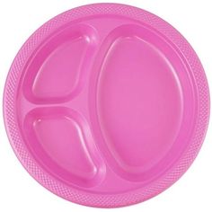 a pink plastic plate with three compartments