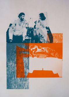 two people are sitting on a bench in front of an orange and blue collage