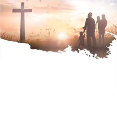 three people standing in front of a cross on top of a hill