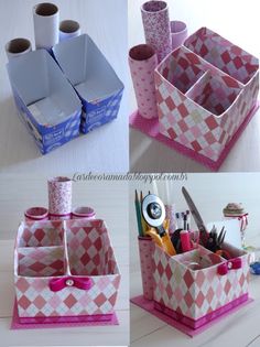 four different views of various crafting items in pink, white and blue boxes with ribbons on them