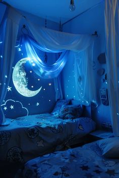 a bed room with a canopy over it and a night sky mural on the wall