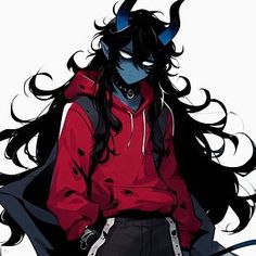 an anime character with long black hair and horns on her head wearing a red hoodie