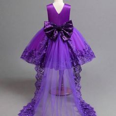 Young Girl Embroidery Sequin Bow Detail High Low Gown Dress. Birthday Girl Purple Princess Dress. Purple Dress For Kids, Dark Purple Gown, Purple Quince Dress, Purple Princess Dress, African Wedding Theme, Purple Ball Gown, Purple Quince, Purple Long Dress