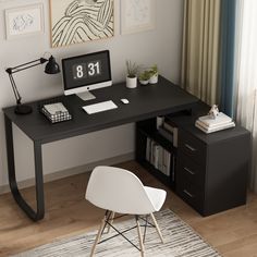 a computer desk with a clock on it and a white chair in front of it