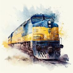 a watercolor painting of a blue and yellow train