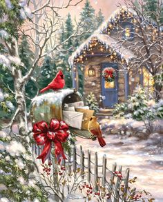 a painting of a bird on a mailbox in the snow with a christmas scene behind it