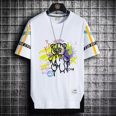 2024 Men's High Street Fashion Graphic T-shirt – Kira Cloth Multicolor Graffiti Print T-shirt For Summer, White Graphic Design Tops For Summer, White Graphic Design Top For Summer, White Summer Top With Graphic Design, Casual Summer T-shirt With Graffiti Print, White T-shirt For Summer Streetwear, Yellow Cartoon Print T-shirt For Summer, Hip Hop Style Summer T-shirt With Letter Print, Summer Graffiti Print Short Sleeve T-shirt