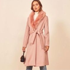 Beautiful Pink Color- Great Condition, Only Worn Once! Chic Pink Spring Fur Coat, Chic Pink Fur Coat For Spring, Fall Workwear Fur Coat With Lapel Collar, Lapel Collar Fur Coat For Fall Workwear, Fitted Pink Fur Coat For Fall, Elegant Pink Fur Coat For Fall, Belted Long Sleeve Fur Coat For Fall, Chic Lapel Collar Fur Coat For Fall, Feminine Fitted Winter Outerwear