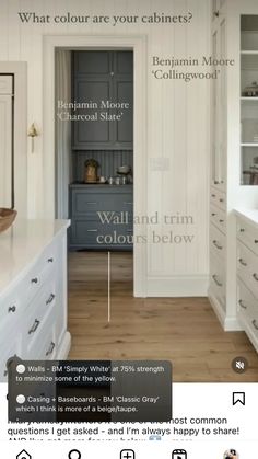 an image of a kitchen with white cabinets and wood flooring, including the words what color are your cabinets?