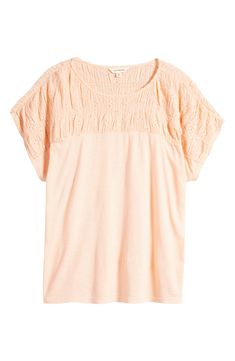 Eyelet embroidery highlights the smocked yoke of a lightweight jersey top that's sure to be a warm-weather fave. 26" front length; 28 1/2" back length (size 2X) Scoop neck Short sleeves 58% cotton, 42% modal with 100% cotton contrast Machine wash, tumble dry Imported Casual Pointelle Knit T-shirt For Spring, Casual Pointelle Knit T-shirt For Summer, Spring Cotton Tops With Lace Trim, Summer Cotton Pointelle Knit T-shirt, Casual Stretch Tops With Lace Trim, Spring Cotton Smocked Top With Relaxed Fit, Summer Pointelle Knit Tops For Daywear, Relaxed Fit Feminine Crew Neck Top, Summer Cotton Smocked Top With Relaxed Fit