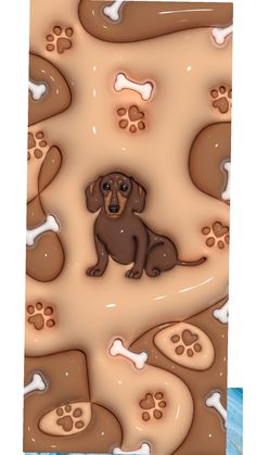 a brown dog sitting on top of a sandy beach covered in dogs footprints and bones