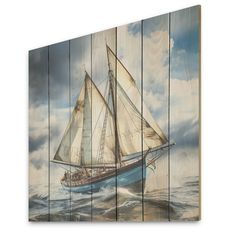 a painting of a sailboat in the ocean on wood planks with clouds and blue sky