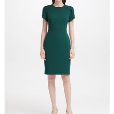 Reposhing This Item I Purchased From @Kecox658. Tried It On But I Should Have Bought A Bigger Size Otherwise Unworn By Me. Hunter Green Calvin Klein Dress, Classic Sheath Dress, Calvin Klien, Wear To Work Dress, Tulip Sleeve, Review Dresses, Calvin Klein Dresses, Crepe Dress, Swimwear Tops