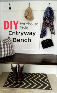 an entryway bench with some boots on it and the words diy farmhouse style entryway bench