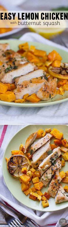 two plates with chicken and squash on them