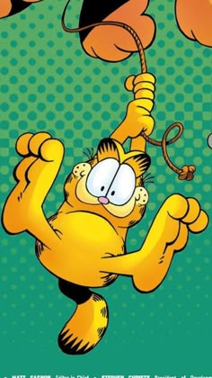 garfield the cat is holding on to a string with one hand and two other hands