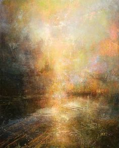 an abstract painting with light coming from the sky and water on it's surface