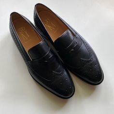 Like New! Worn Once. Size 12-12.5 Mens Uk 11 Black Wingtip Slip-ons For Semi-formal Occasions, Black Wingtip Slip-ons With Brogue Detailing, Black Wingtip Loafers With Goodyear Welted, Black Wingtip Moccasins For Semi-formal Occasions, Black Wingtip Moccasins For Semi-formal Events, Black Goodyear Welted Wingtip Loafers, Black Wingtip Moccasins For Business Casual, Black Loafers With Brogue Detailing For Semi-formal Occasions, Black Brogue Loafers For Semi-formal Occasions