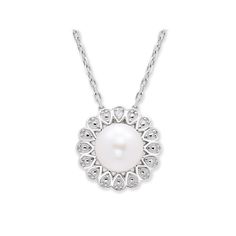 "Elevate your look with the elegant style of this pearl and diamond flower pendant necklace. Elevate your look with the elegant style of this pearl and diamond flower pendant necklace.  Pendant size: 11.5 mm Chain length: 16 in. - 18 in. Chain type: cable Clasp: lobster claw Nickel free Metal: sterling silver Plating: rhodium Finish: polished Packaging: boxedDIAMOND DETAILS Total weight: less than 1/10 ct. Shape: round Setting: micro prongCULTURED PEARL DETAILS Type: freshwater Size: 6.5 mm Shap Diamond Flower Pendant, Flower Pendant Necklace, Diamond Flower, Pearl Diamond, Flower Pendant, Cultured Pearls, Elegant Style, Chain Lengths, Fresh Water