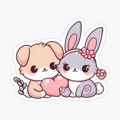 two cute little animals hugging each other with hearts in their paws sticker on a white background