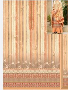 an orange and beige striped curtain with floral designs on the side, and a photo of a