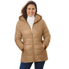 This lightweight puffer jacket is your solution to cold weather. Perfect for travel, it easily compresses into an included drawstring pouch, making it super easy to carry. An attached hood with drawstring adds extra warmth and blocks the cold on chilly days. Layer this over your tops on mild days, and under your coat on extremely frigid days. Lightweight Puffer Jacket, Pouch Making, Heated Jacket, Woman Within, Fleece Coat, Drawstring Pouch, Comfortable Outfits, Puffer Jacket, Plus Clothing