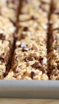 chocolate chip granola bars in a pan on a table