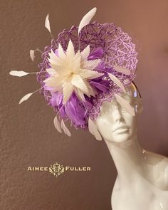 Kentucky Derby Fascinator Hand-sculpted feather fascinator perched on crisscross paper-art base in luscious purples and cream. Multiple color combinations available; please inquire. Easy-to-wear headband fascinator makes a statement, and can be worn to a myriad of events: Easter, bridal, derby-wear, Del Mar races, hat contests, church, galas, Kentucky Derby, Melbourne Cup, Breeders' Cup, high tea, weddings, cocktail parties, and more.  Some customizations available as this is made-to-order; please message with your requests to see if we can meet your needs. Other colors available; please inquire before purchase if you need another color.   *FREE SHIPPING  For more STATEMENT JEWELRY and HANDMADE HATS go to www.aimeesfuller.com Aimee Fuller has been a trusted online seller since 1999, and is Purple Feather Headpieces For Spring, Purple Feathered Headpieces For Kentucky Derby, Purple Feathered Headpieces, Purple Mini Hats With Feathers For Kentucky Derby, Purple Feathered Hat For Kentucky Derby, Purple Feathered Mini Hats For Kentucky Derby, Purple Feathered Mini Hat For Summer, Purple Feathered Hats For Summer, Adjustable Purple Hat With Feathers