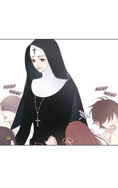 an anime character with long black hair, wearing a nun costume and standing next to other characters