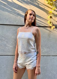 Summer Lace Sleep Sets, Fitted Lace Trim Sets For Pajama Party, Spring Lace Loungewear Sets, Lace Sets For Loungewear In Spring, Lace Sets For Spring Loungewear, Cream Lace Fitted Sets, Fitted Cream Lace Sets, Feminine Lace Loungewear Sets, Cream Lace Sets With Lace Work