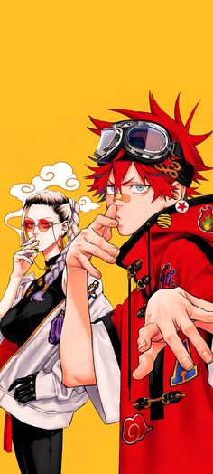 two anime characters one with red hair and the other wearing goggles, are standing next to each other