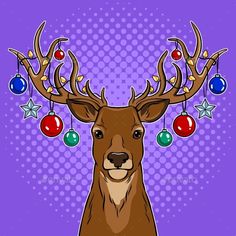 a deer with christmas balls on its antlers - animals characters, people & objects