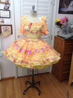 This fanciful square dance dress was created for a Hawaian themed dance event. The yellow and pink floral fabric was purchased in was Hawaii five years ago, and was just waiting for just the perect... Pink Floral Fabric, Folk Culture, Ball Room, Proper Attire, Dance Attire, Childrens Clothes Girls