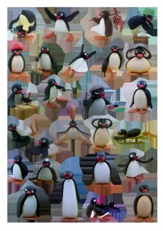 a bunch of penguins that are standing in the air