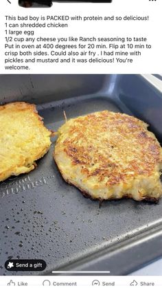 two burgers that are sitting in a frying pan