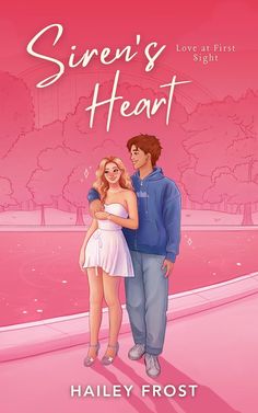 a man and woman standing next to each other in front of a pink background with the words siren's heart