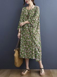 Sku CY-!89390 Material >70%Cotton Style Loose , Batwing Sleeves Feature Floral Printed Neckline Round-neck Occasion Going out , Casual , Vacation , Vintage Seasons Spring , Summer Type Midi Dresses Color SAME AS PICTURE Size FREE SIZE Please consult the size chart we provide for this item's measurements to help you decide which size to buy.Please note: There may be 1-3cm differ due to manual measurement.CMINCH Bust Length FREE SIZE 248 113 Green V-neck Shift Maxi Dress, Casual Patterned Relaxed Fit Dresses, Casual Relaxed Fit Patterned Dresses, Green Printed Dresses With Relaxed Fit, Cotton V-neck Shift Maxi Dress, Green Printed Relaxed Fit Dress, Casual Tunic Maxi Dress For Spring, Green Printed Dress With Relaxed Fit, Printed Long Sleeve Relaxed Fit Dress