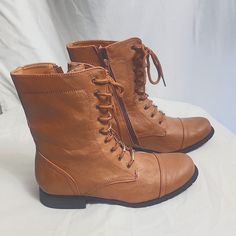 Lace Up Cognac Boots - New Without Tags. Brown Wide Calf Lace-up Boots, Brown Wide Calf Lace-up Boots With Round Toe, Brown Lace-up Boots With Wide Calf And Round Toe, Trendy Brown Combat Boots For Spring, Trendy Brown Faux Leather Combat Boots, Casual Fitted Brown Lace-up Boots, Cognac Boots, Lace Up Boots, Shoes Boots