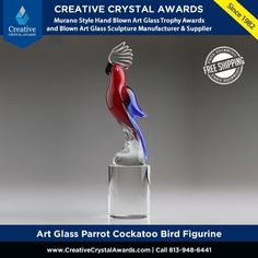 Art Glass Parrot Cockatoo Bird Trophy hand blown art glass bird trophy Murano style art glass bird figurine parrot bird art glass award decorative art glass parrot bird centerpiece artistic glass cockatoo bird award Cockatoo Bird, Statue Art, Bird Figurine, Bird Statues