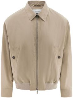 sand beige cotton engraved logo classic collar front zip fastening two side welt pockets long sleeves straight hem Luxury Beige Utility Jacket With Pockets, Luxury Faded Outerwear With Pockets, Double-breasted Beige Outerwear With Welt Pockets, Luxury Menswear-inspired Outerwear With Welt Pockets, Luxury Beige Single-breasted Utility Jacket, City Shorts, Balenciaga Triple S, Sand Beige, Short Suit