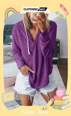 V Neck Long Sleeve Hoodie T Shirt Knot, Spring Blouse, Fashion Hoodies, Neck Hoodie, Sleeveless Tshirt, Lace Shirt, Long Hoodie, Casual Fits, Casual T Shirts